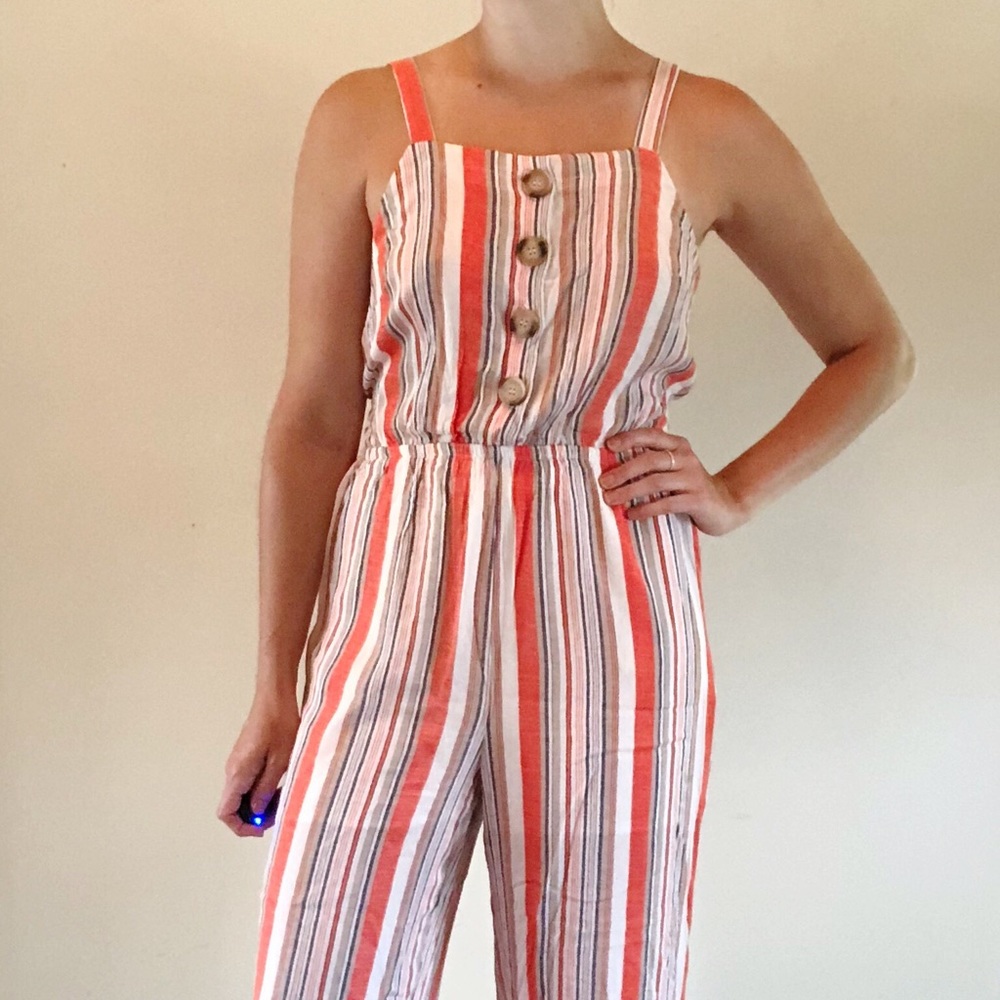 Coral and navy striped jumpsuit
